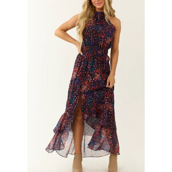 Fore Floral Chiffon Maxi Dress Women Large Halter Neck Smocked Romantic Flowy - Picture 2 of 16